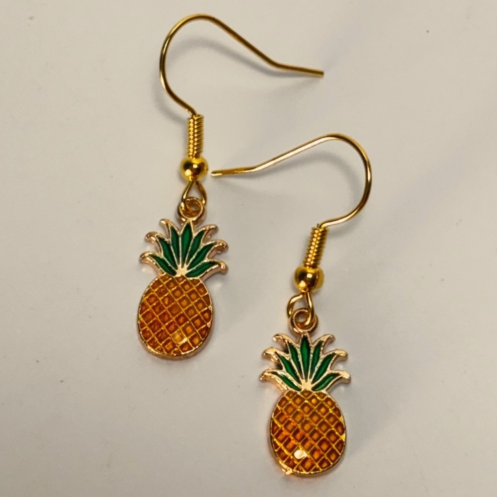 Pineapple Dangle Earrings Gold Yellow Green Enamel Tropical